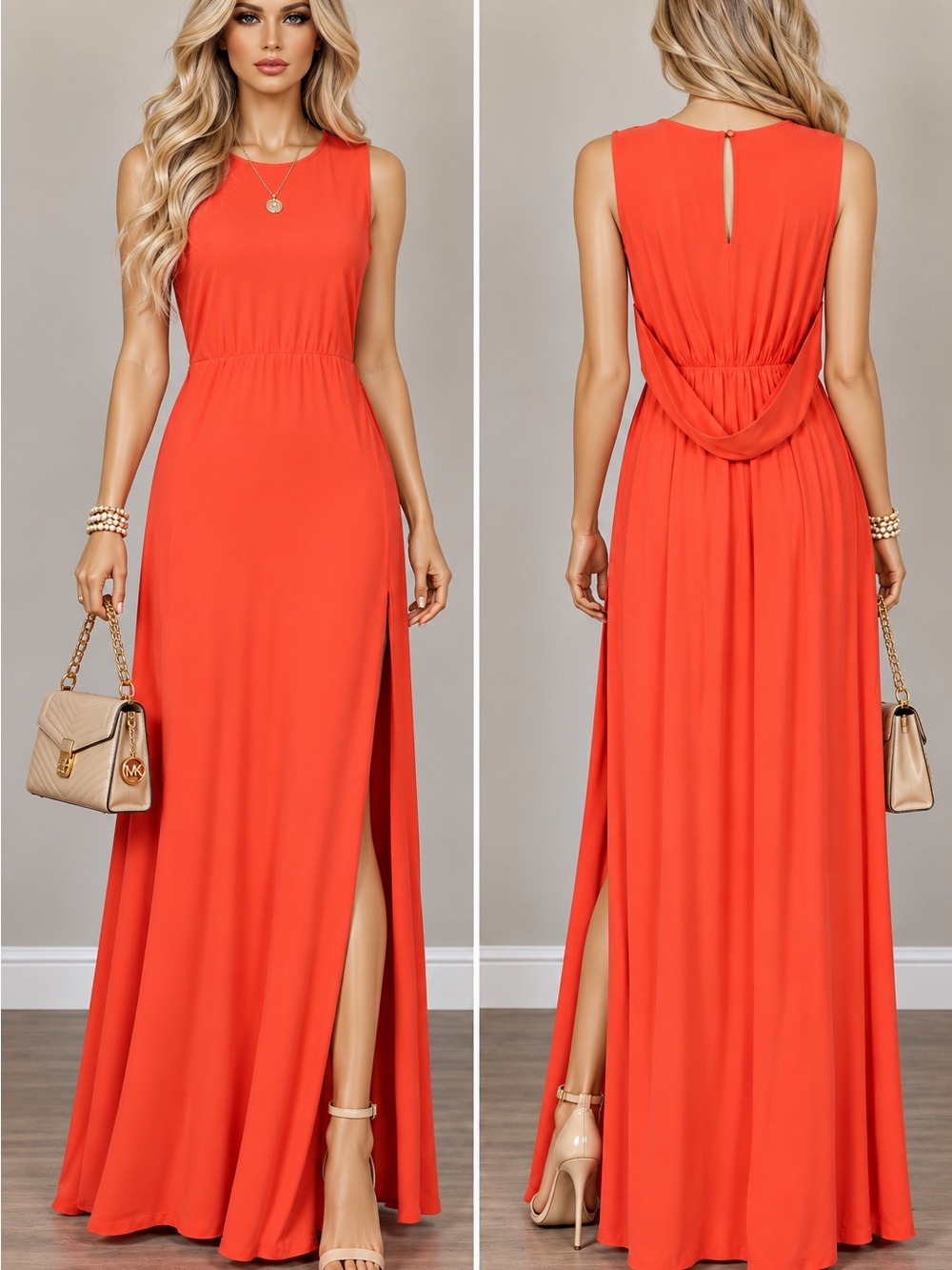 16568. A.L.C. Women’s Size 4 Coral Orange Maxi Dress Draped Open Back Side slit.